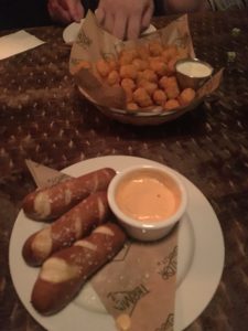 Cajun tater tots and pretzel sticks