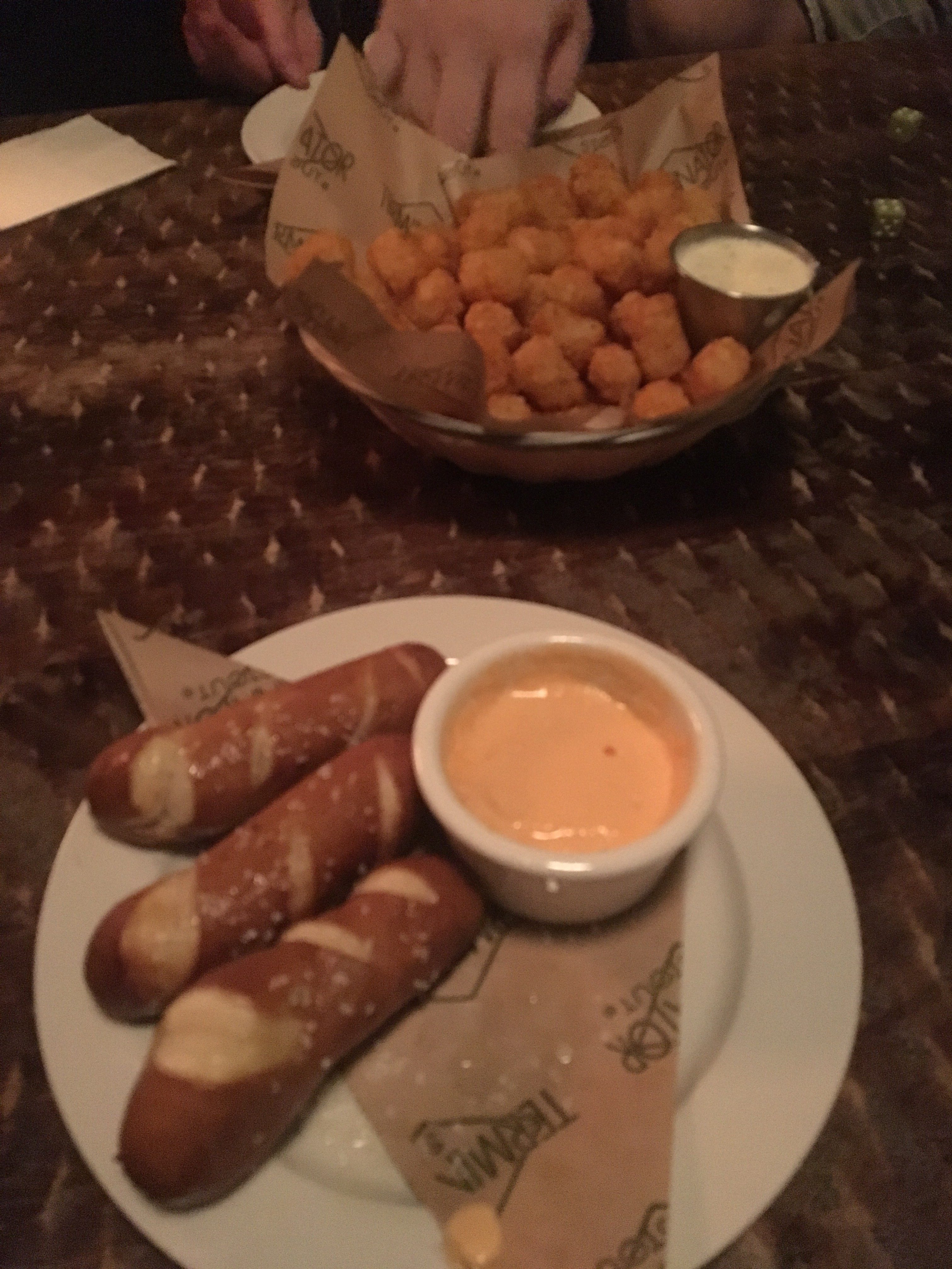 Cajun tater tots and pretzel sticks